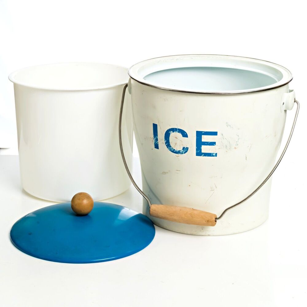 Vintage Ice Bucket - White - Blue w/Wood Handle - Liner - 9 1/2"